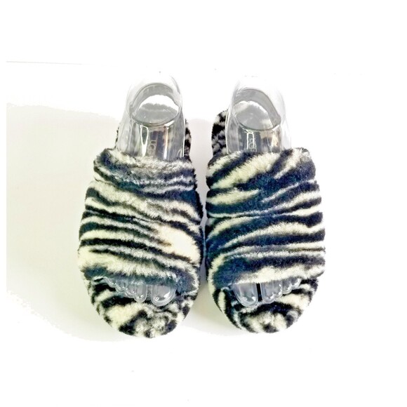 UGG Fluff Yeah Slide Black White Zebra Slipper Sandal Sz 5 36 Sheepskin Fur - Picture 4 of 14